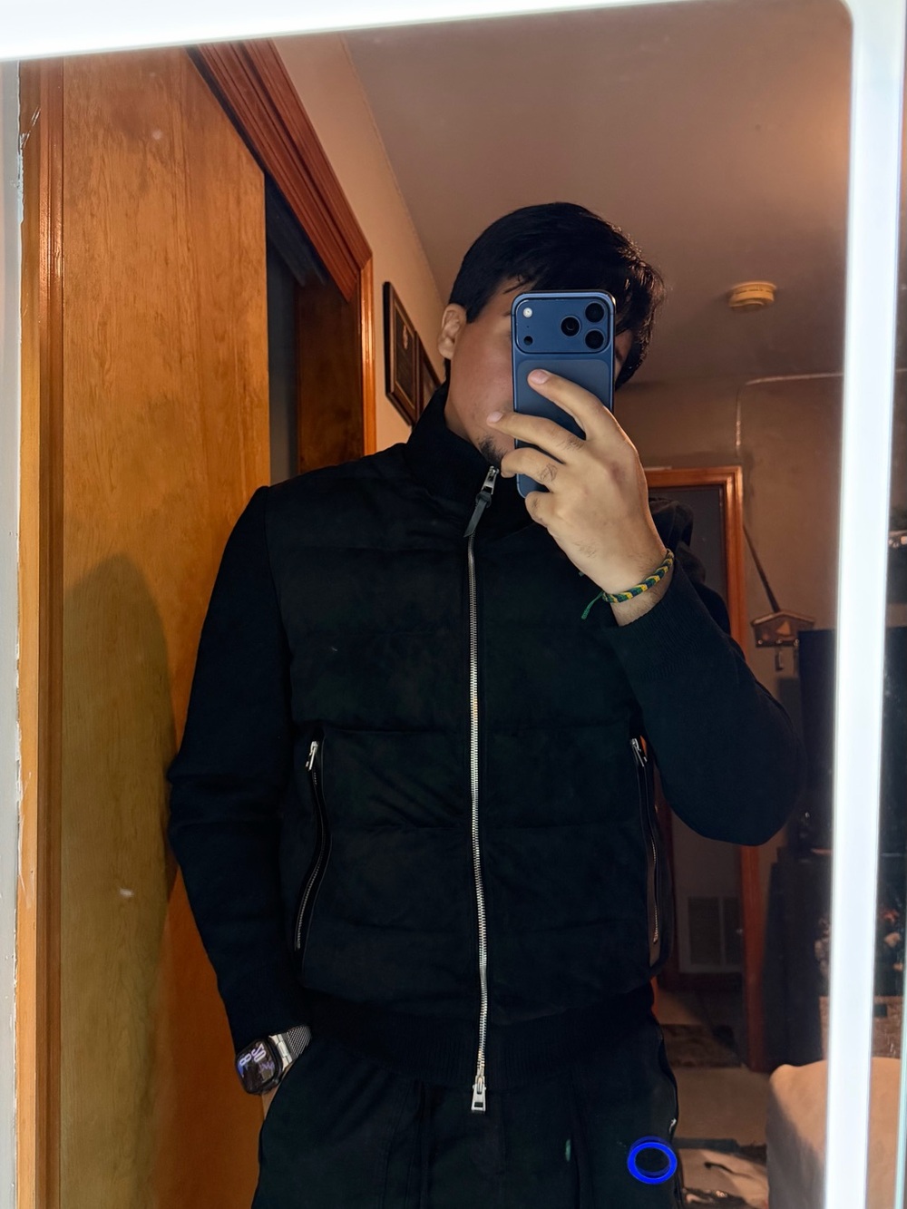 Suede Leather Black Quilted Puffer Jacket with Knit Sleeves and Goose Down - Picture 13 of 15